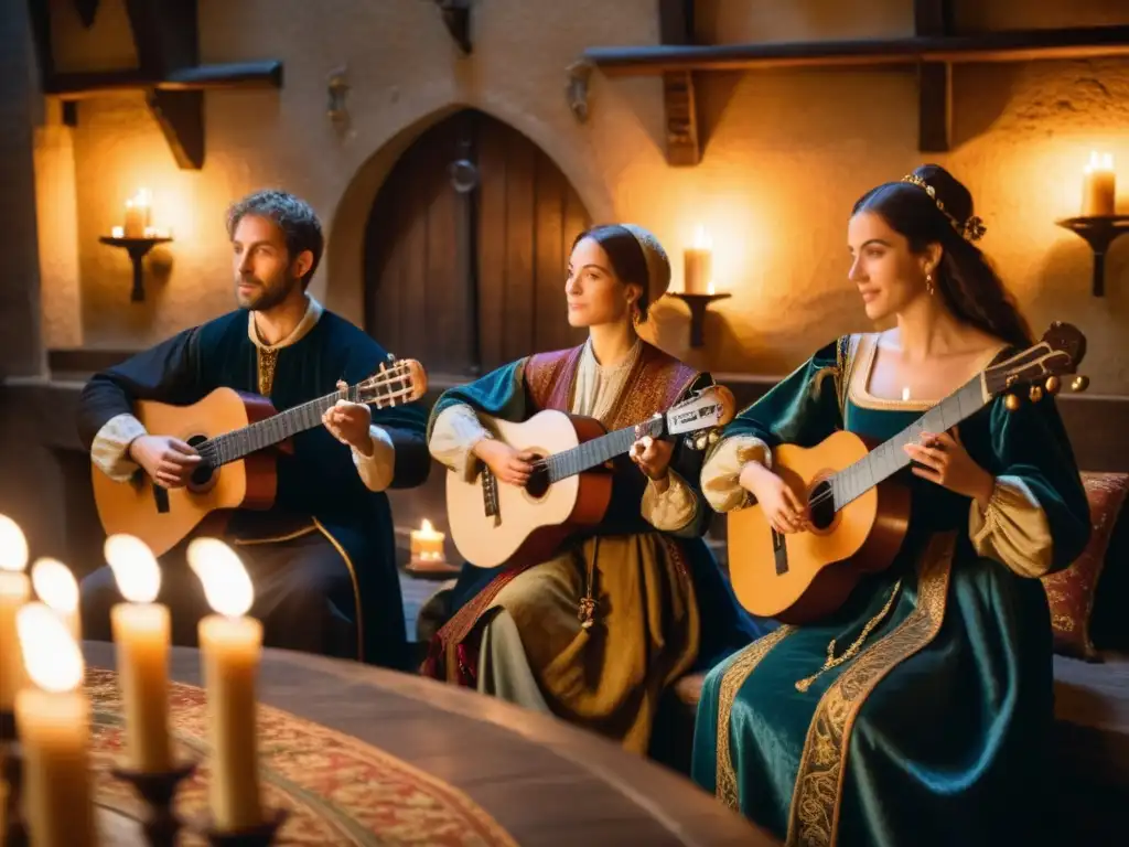 Un grupo de músicos recreando música danzas medievales europeas en un salón atmosférico con linternas y tapices