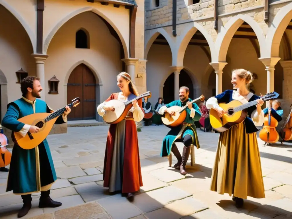 Grupo de músicos recreando música danzas medievales europeas en un patio soleado de un castillo, rodeados de espectadores y colores vibrantes