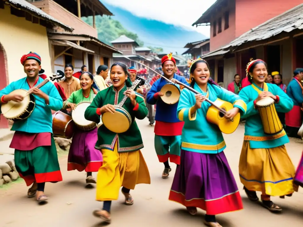 Grupo de músicos Panchebaja nepalí en vibrante celebración, expresando significado cultural a través de música y danza tradicional