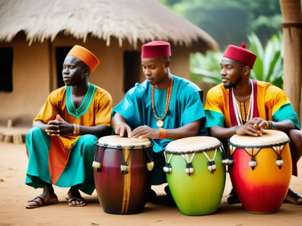 Un grupo de músicos de África Occidental toca tambores de agua en un vibrante entorno al aire libre, mostrando la energía y pasión de las danzas tradicionales África Occidental tambor de agua