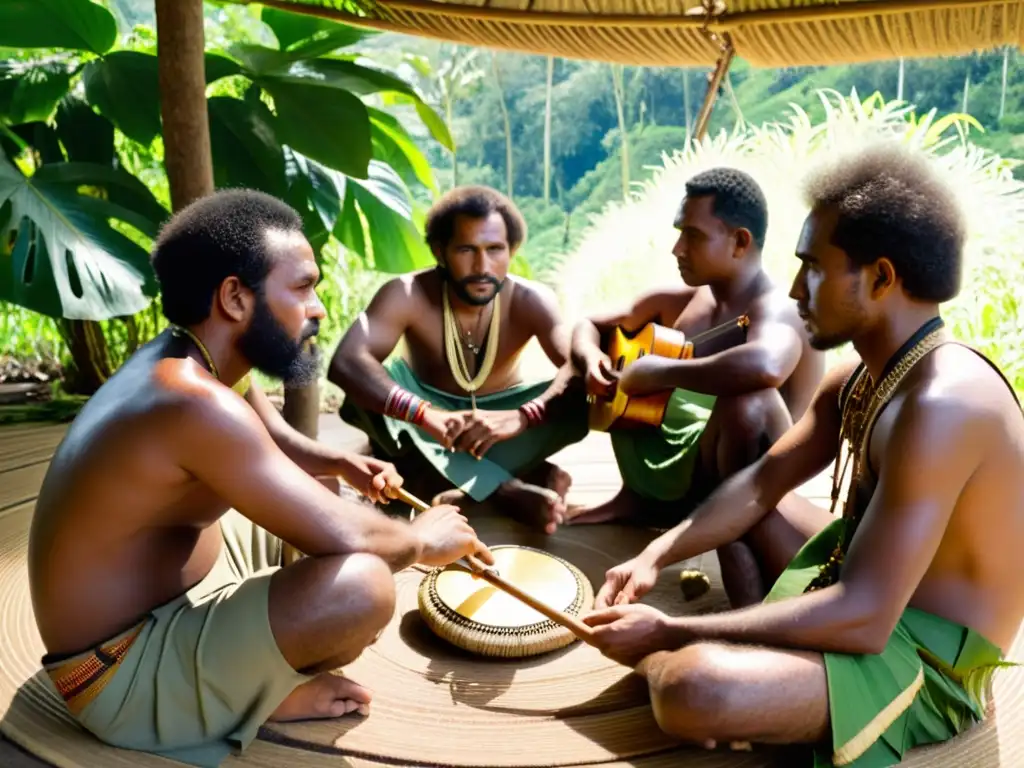 Grupo de músicos papúes tocando instrumentos de cuerda en Papúa Nueva Guinea, inmersos en su rica tradición musical entre la exuberante vegetación