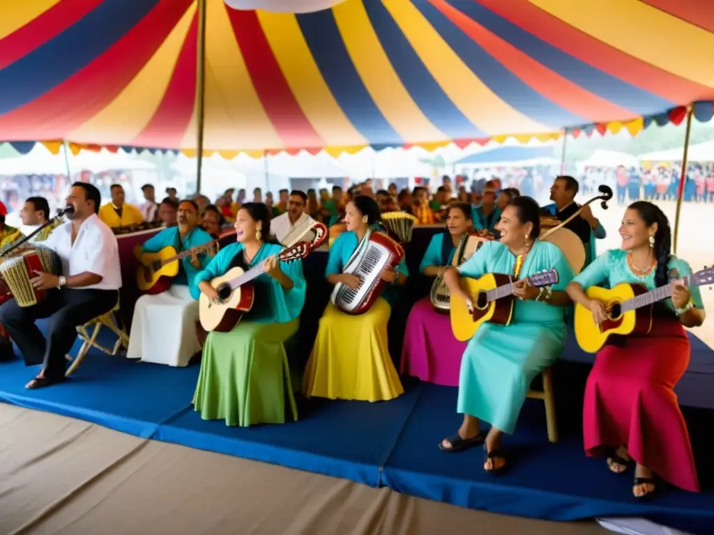 Grupo de músicos tocando con pasión en el Festival Vallenato en Valledupar, bajo una colorida carpa