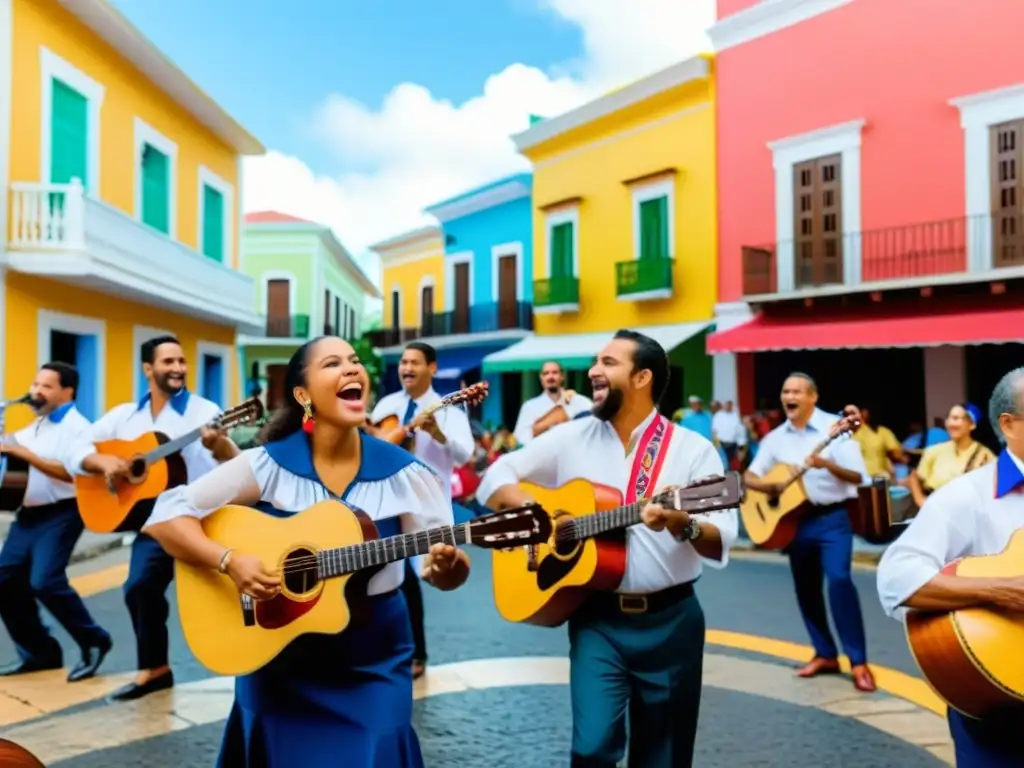 Grupo de músicos de plena puertorriqueña tocando con pasión en festival callejero