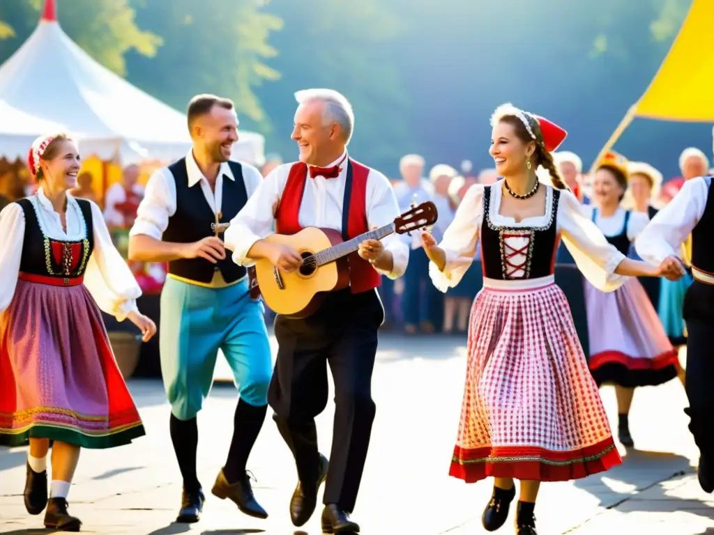 Grupo de músicos polacos tocando la animada polka en un festival cultural, con personas de todas las edades bailando alegremente