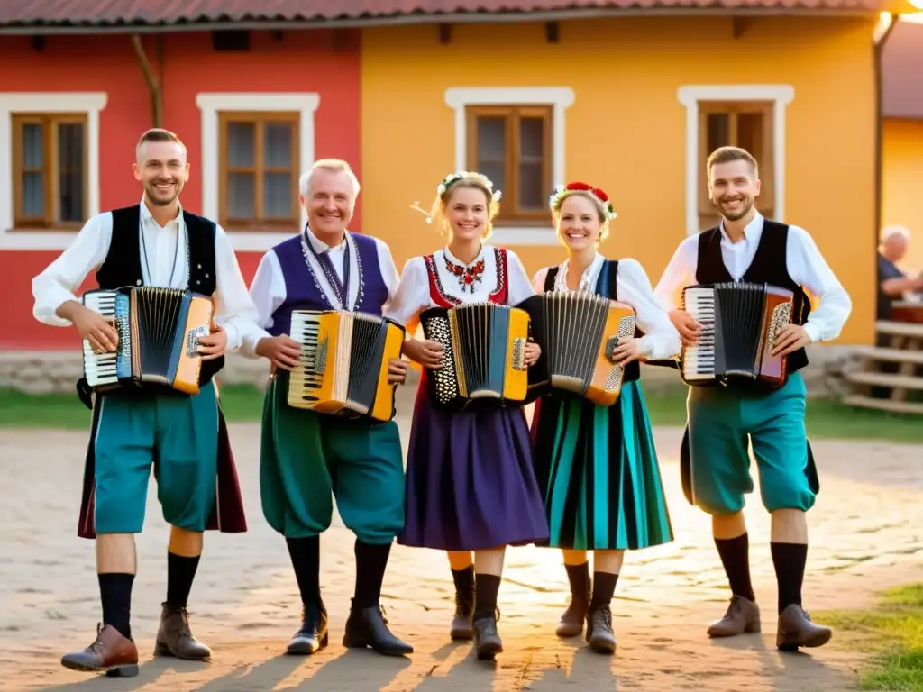 Grupo de músicos polacos tocando polka en atuendos tradicionales bajo el cálido atardecer en una aldea rural, preservación de la polka en Polonia