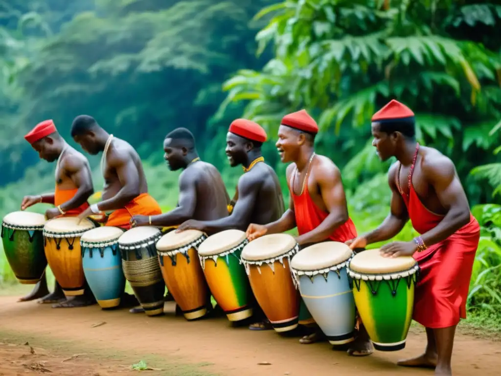 Grupo de músicos tocando ritmos africanos Gumbé en Sierra Leona, inmersos en la vibrante tradición cultural de la selva tropical