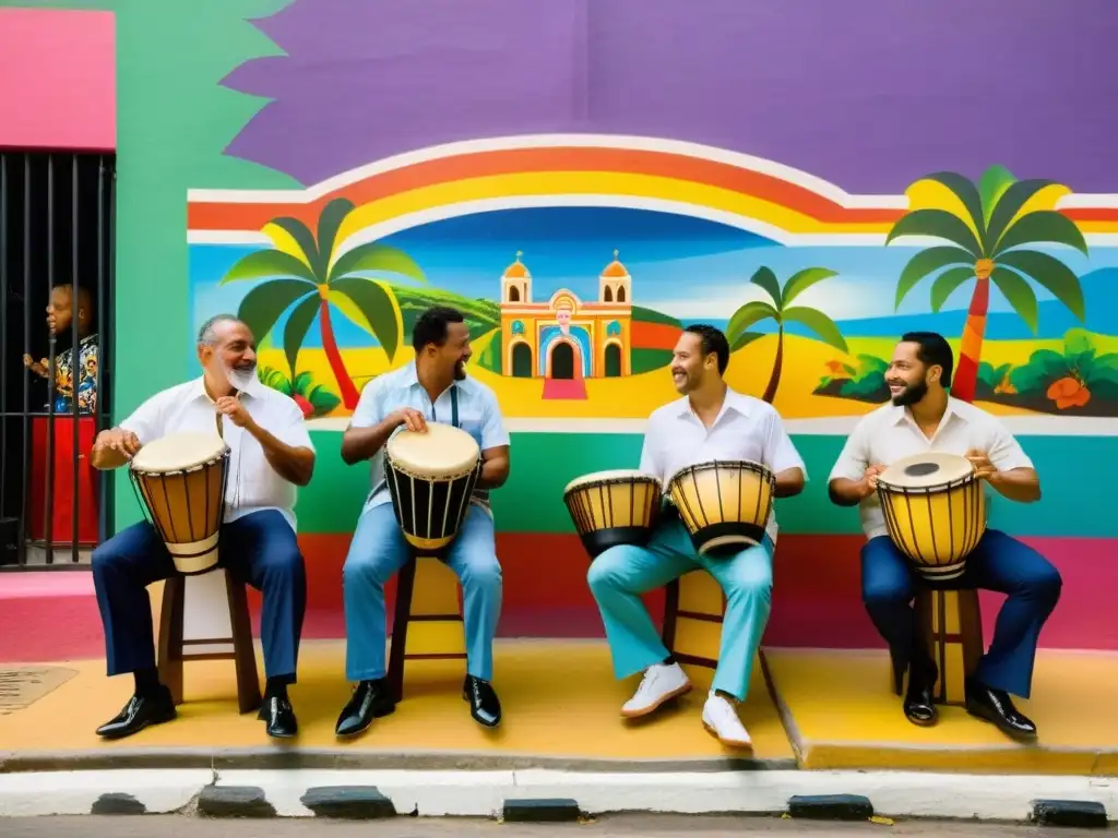 Grupo de músicos tocando tambores y maracas, rodeados de murales coloridos que representan la vida y cultura local