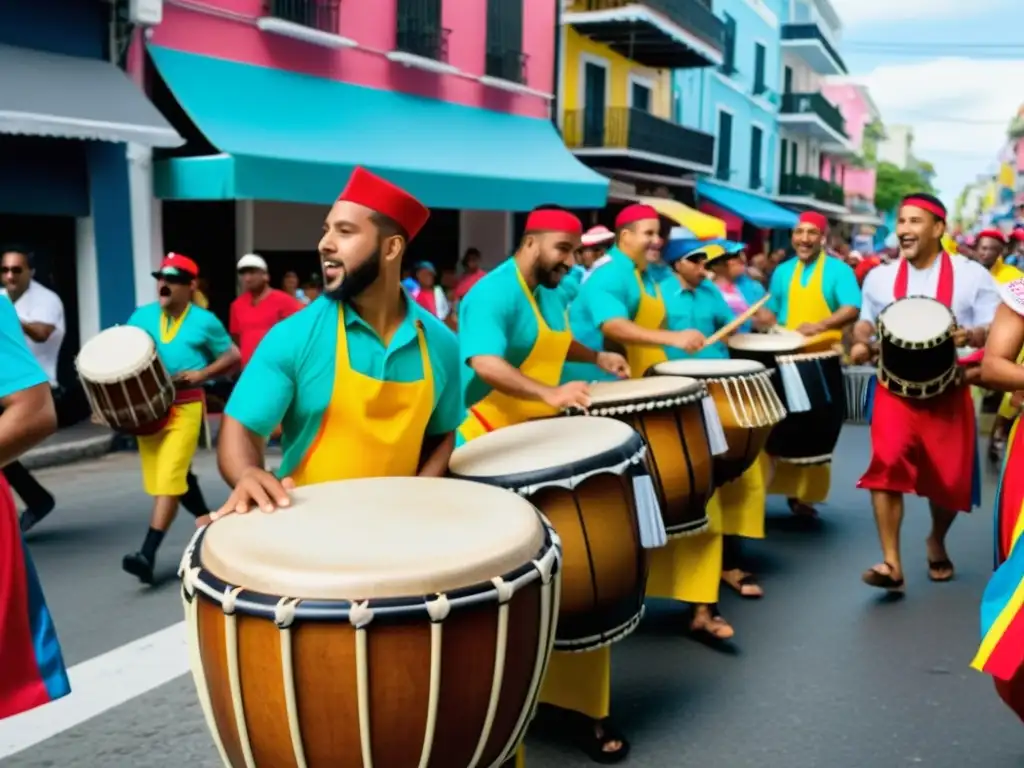 Grupo de músicos tocando tambores y panderetas en un desfile callejero vibrante y alegre, mostrando la pasión y el origen de la Plena Puertorriqueña