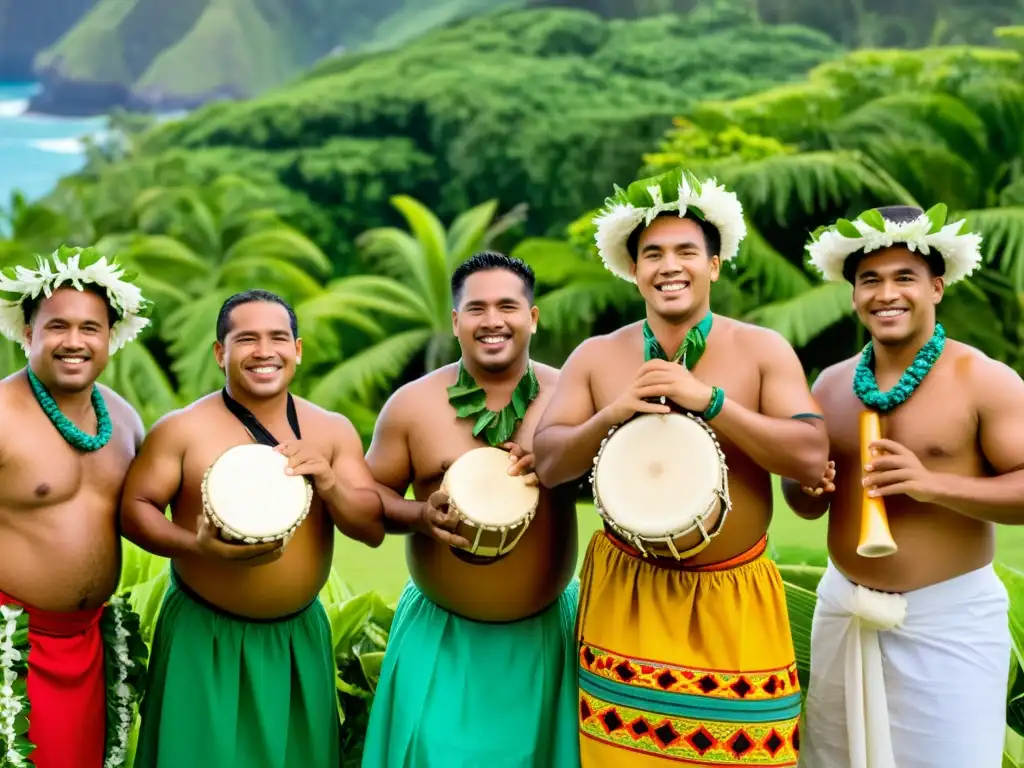 Un grupo de músicos tonganos tocando instrumentos tradicionales entre exuberante vegetación y el océano Pacífico, transmitiendo un profundo sentido de orgullo cultural y conexión con la música tradicional de Tonga