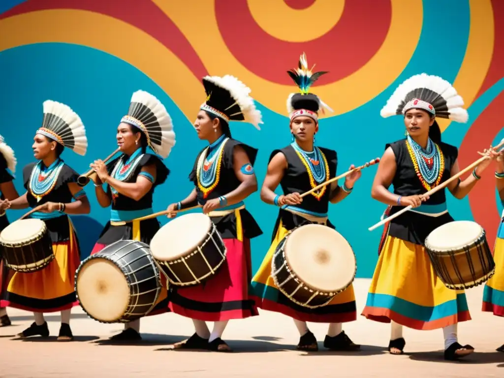 Un grupo de músicos tradicionales tocando instrumentos indígenas en danzas vibrantes y coloridas