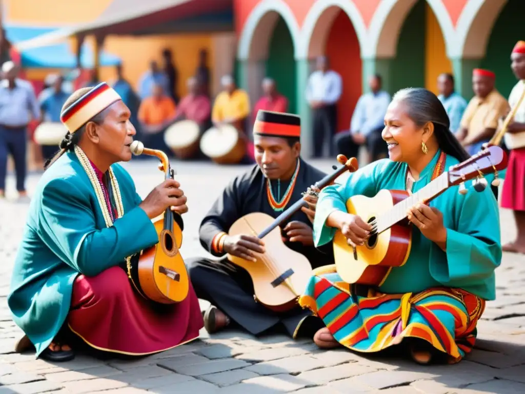 Grupo de músicos tradicionales tocando instrumentos indígenas en un colorido mercado