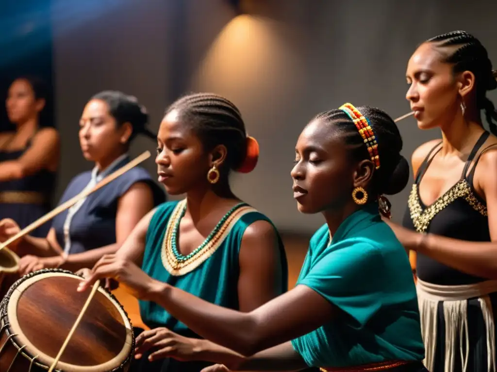 Un grupo de músicos tradicionales ejecuta sus instrumentos mientras están rodeados por un círculo de bailarines, en un entorno tenue y atmosférico