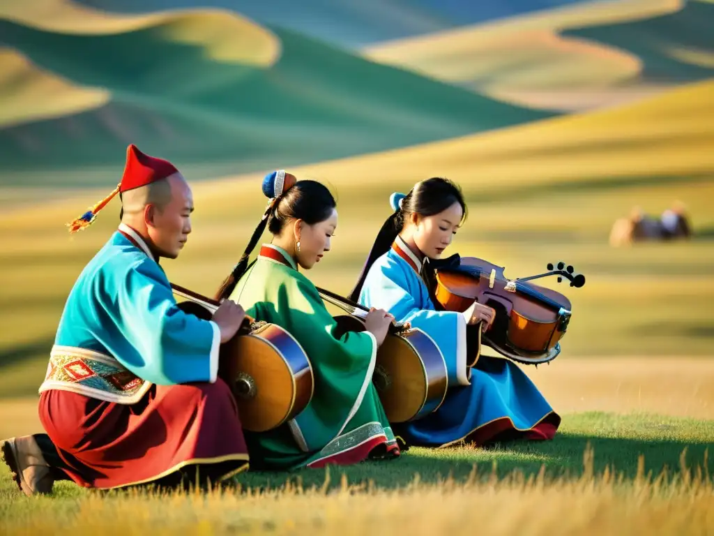 Un grupo de músicos tradicionales de Mongolia tocando instrumentos tradicionales bajo el cielo abierto en las vastas estepas mongolas