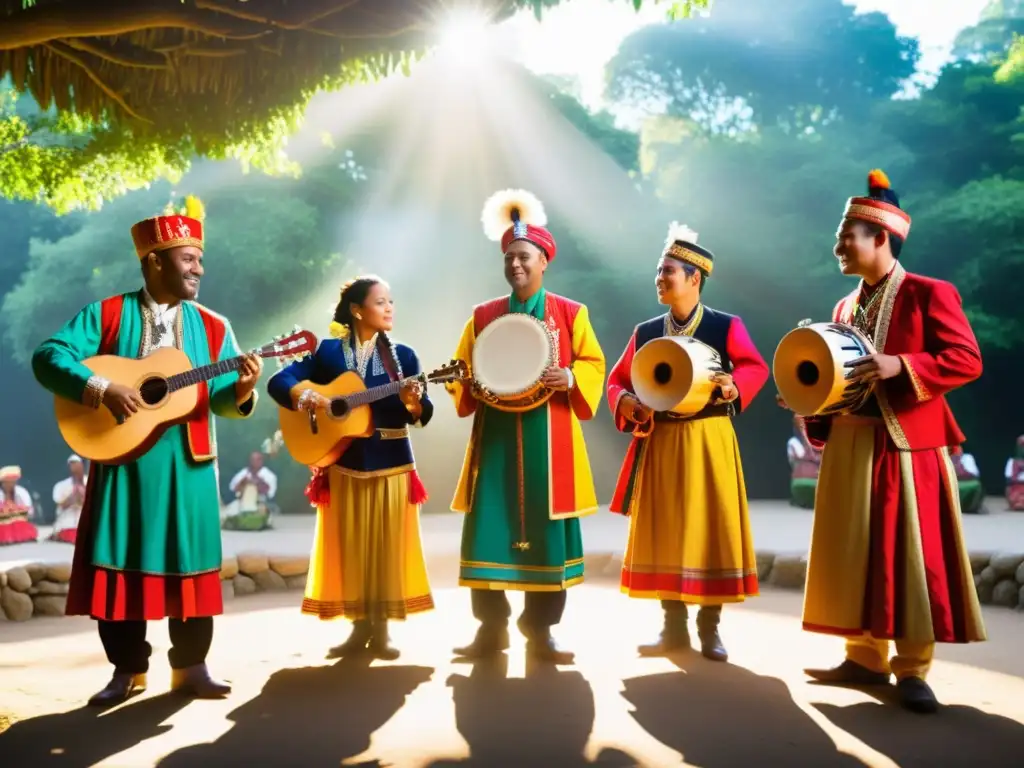 Grupo de músicos tradicionales de todo el mundo tocando en un círculo, irradiando cultura y emoción