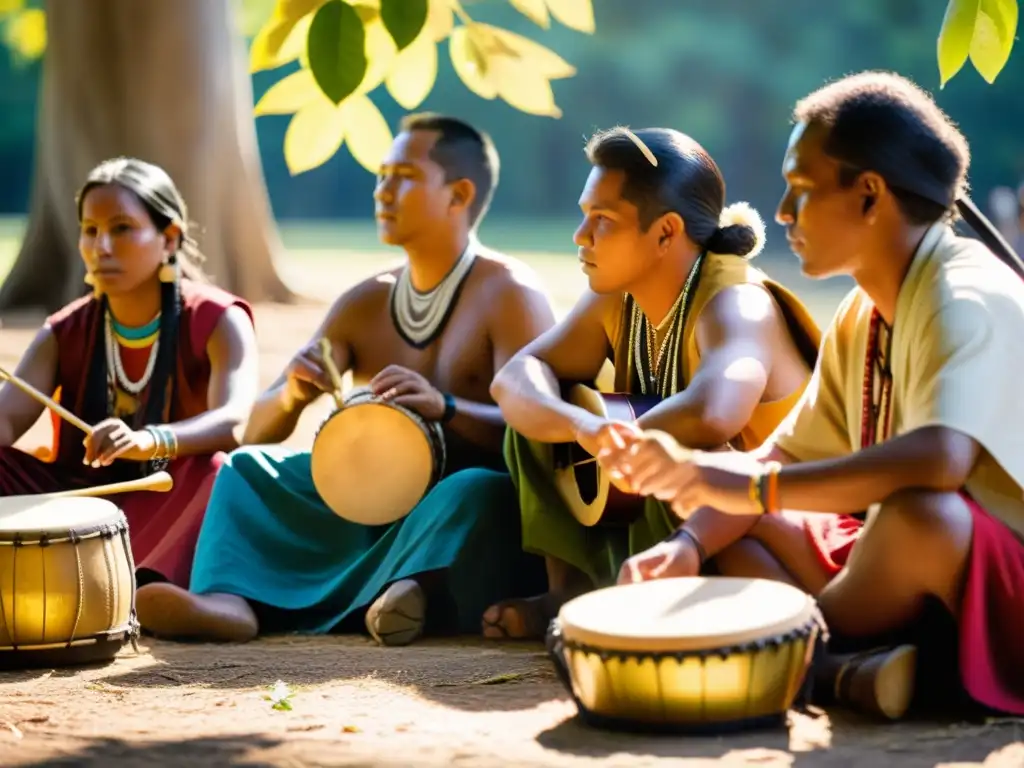 Un grupo de músicos tradicionales crea música auténtica para danzas exóticas bajo la cálida luz del sol entre árboles