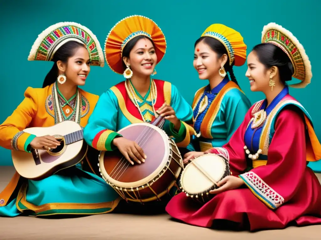 Grupo de músicos tradicionales con trajes coloridos tocando instrumentos, celebrando la belleza de la música en danzas globales