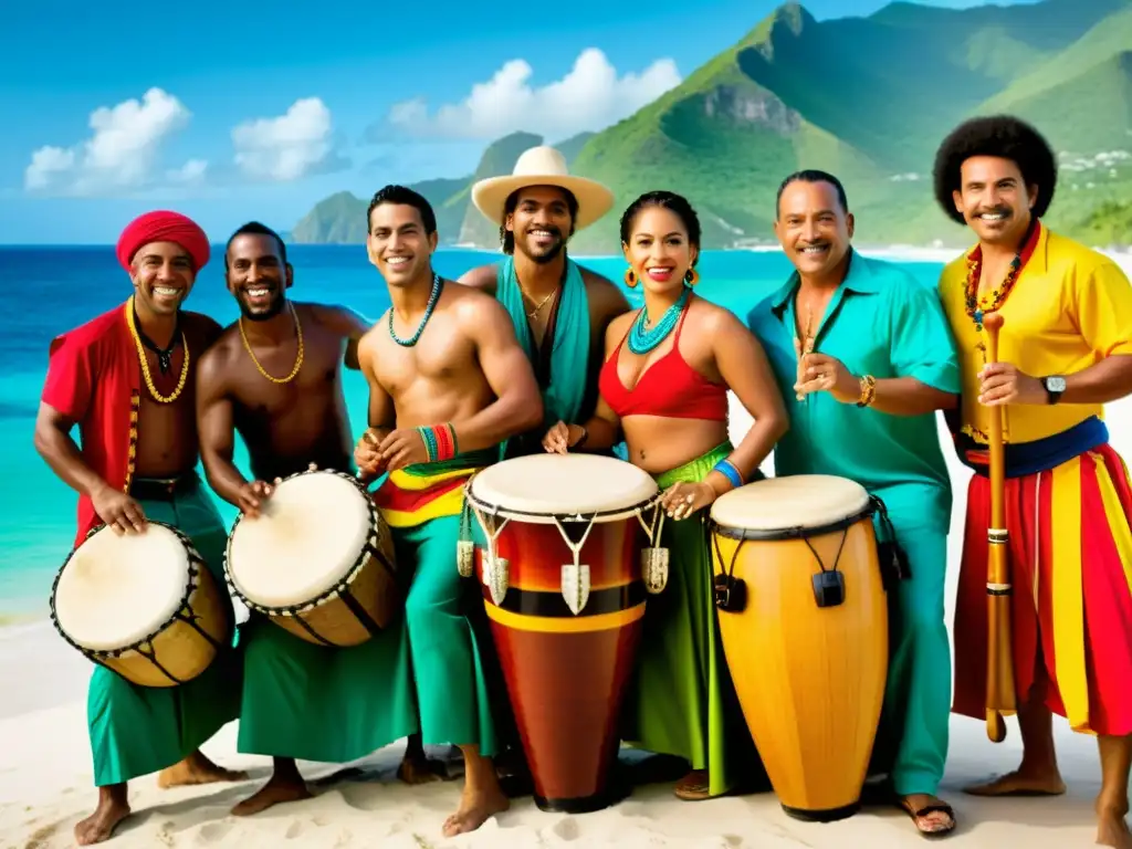 Grupo de músicos en trajes tradicionales tocando instrumentos colombianos en la costa caribeña, en un taller de cumbia colombiana Caribe