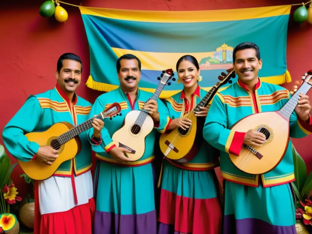 Grupo de músicos venezolanos tocando instrumentos tradicionales en una vibrante celebración del significado cultural del Joropo venezolano