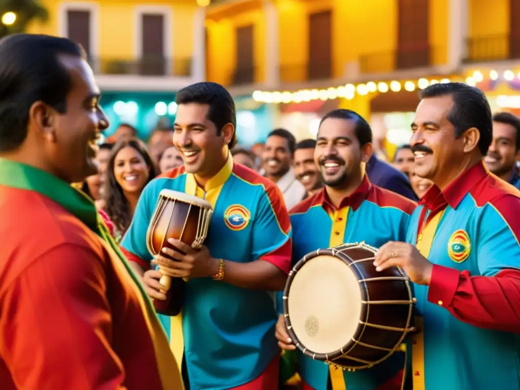 Grupo de músicos venezolanos tocando instrumentos tradicionales en un festivo Aguinaldo venezolano, rodeados de espectadores alegres