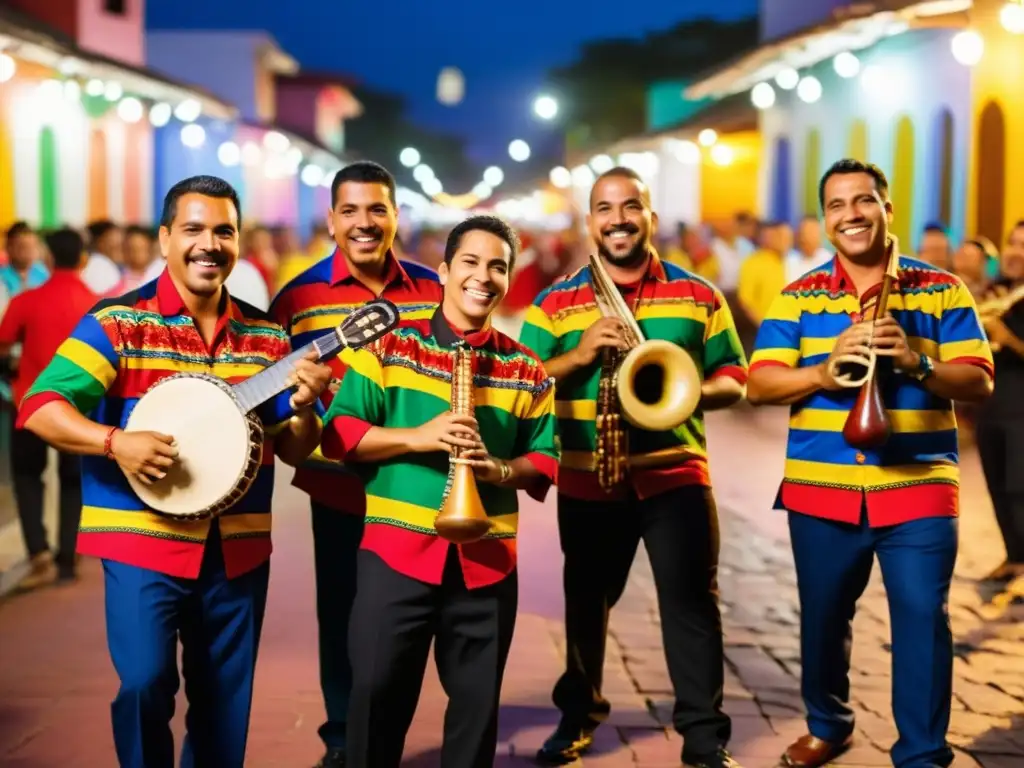 Un grupo de músicos venezolanos vestidos con trajes folclóricos coloridos, tocando instrumentos tradicionales en una plaza festiva