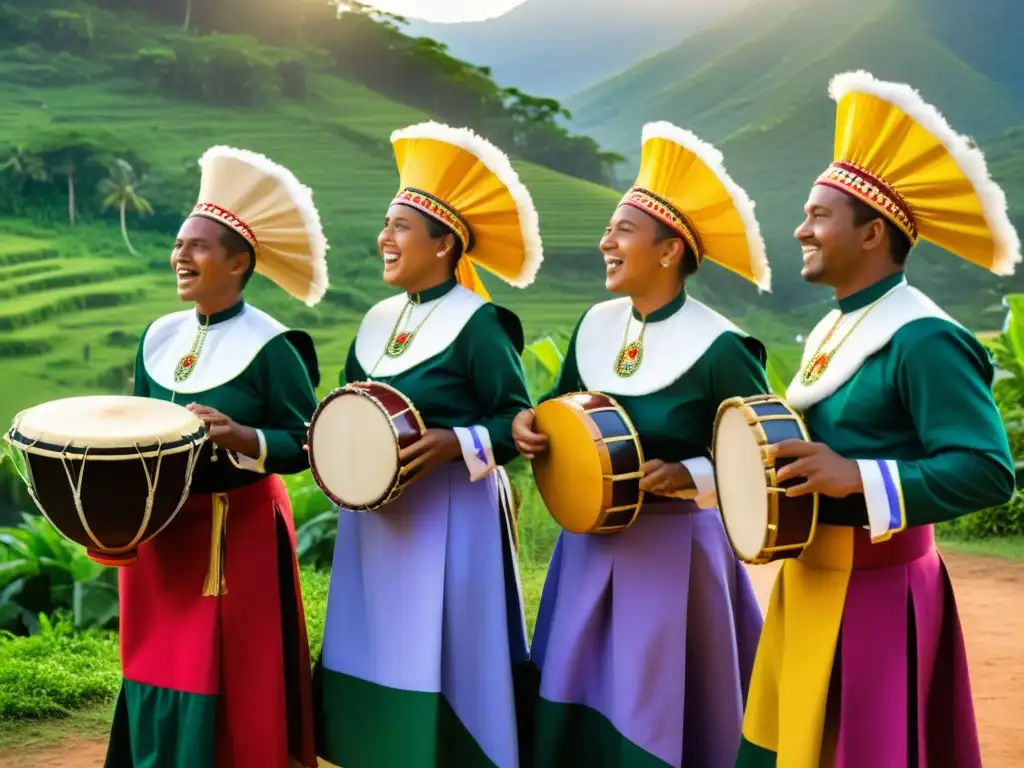 Un grupo de músicos vestidos con trajes tradicionales de gaita zuliana, tocando con pasión en un entorno vibrante al aire libre