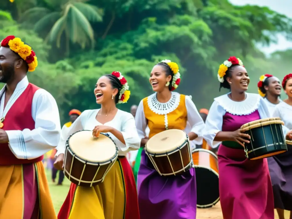 Grupo de músicos en el vibrante Festival Marrabenta Mozambique, con danzas, vestimenta tradicional y una multitud animada