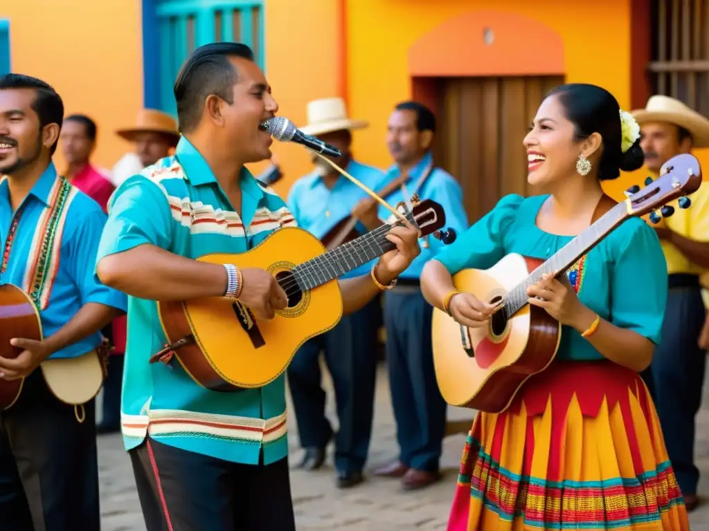 Grupo de músicos interpreta el vibrante Son Jarocho mexicano, vistiendo trajes coloridos y transmitiendo pasión en Veracruz al atardecer