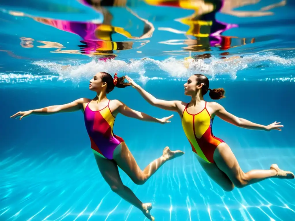 Un grupo de nadadoras sincronizadas ejecuta una elegante rutina en la piscina, con el reflejo del sol en el agua