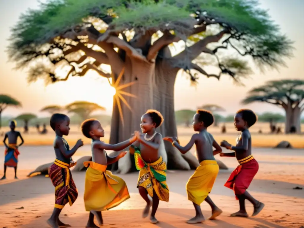 Grupo de niños africanos bailando bajo un baobab al atardecer, mostrando la función socializadora y enseñanza de la danza en comunidades africanas