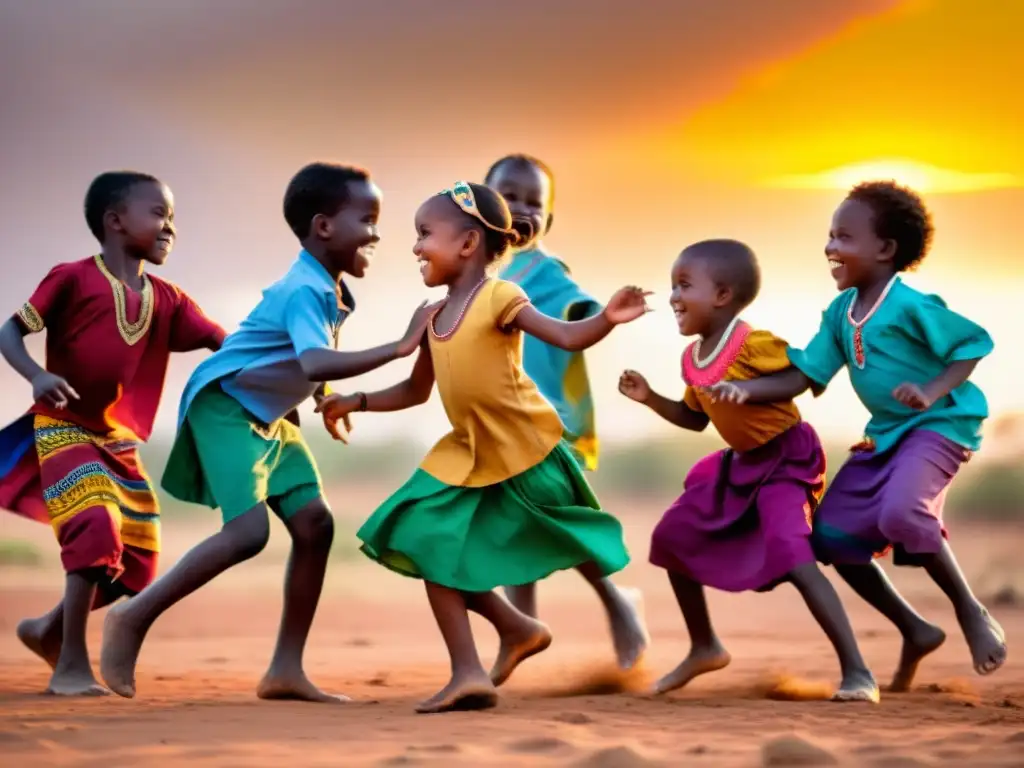 Grupo de niños africanos bailando en círculo al atardecer, en un ciclo de aprendizaje de danza en África, con ropa tradicional colorida y descalzos