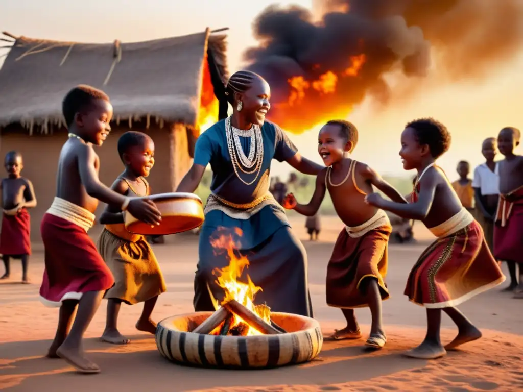 Grupo de niños africanos danzando alrededor del fuego al atardecer, transmitiendo la función socializadora y enseñanza de la danza en comunidades africanas