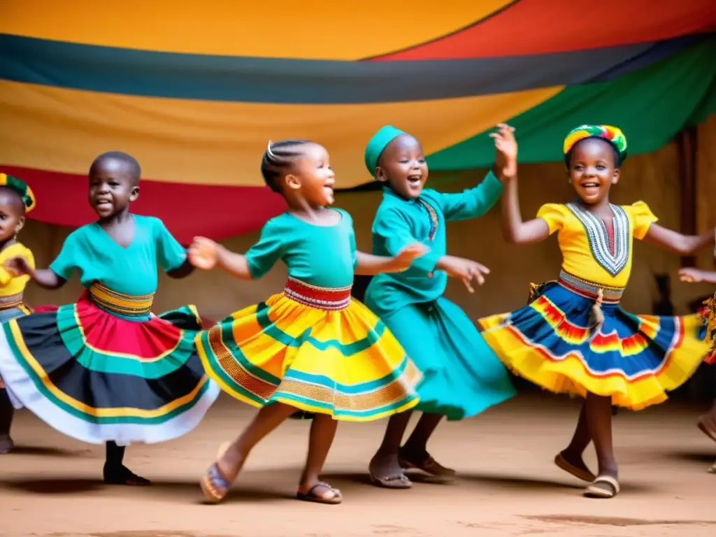 Grupo de niños bailando con alegría y energía en un entorno africano colorido, vistiendo atuendos tradicionales y rodeados de instrumentos