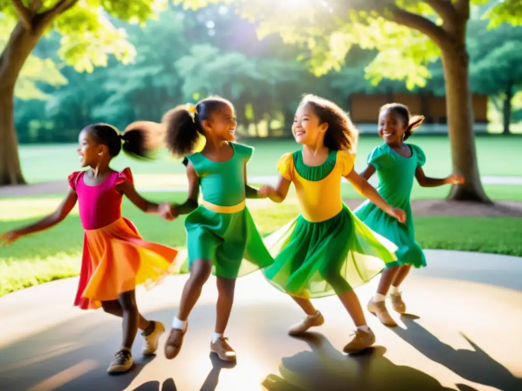 Un grupo de niños bailando en círculo con trajes coloridos mientras practican danza al aire libre, transmitiendo alegría y energía