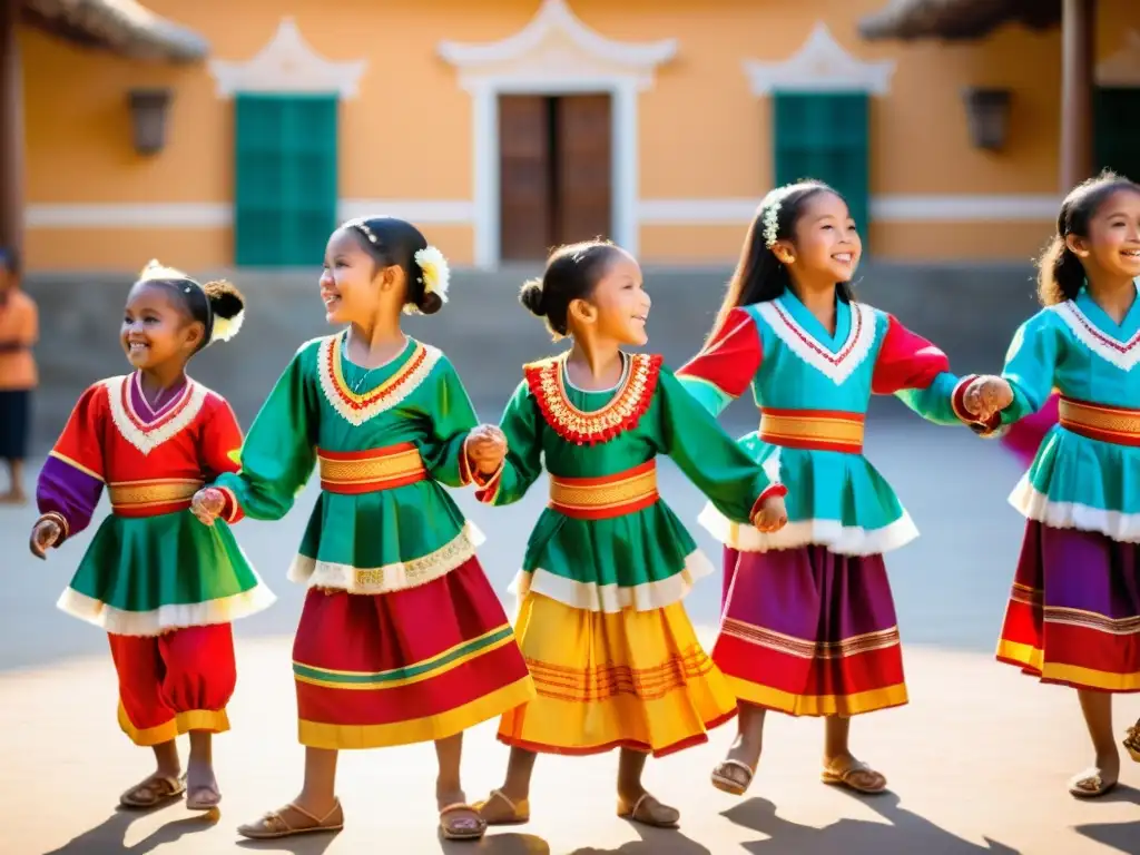 Un grupo de niños practica una danza tradicional en un patio soleado, vistiendo trajes vibrantes