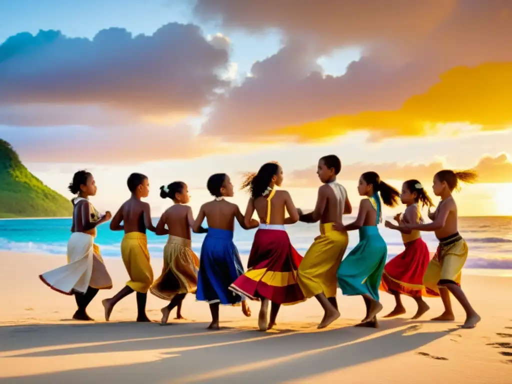 Grupo de niños escolares bailando en la playa al atardecer, vistiendo trajes tradicionales de varias islas del Pacífico