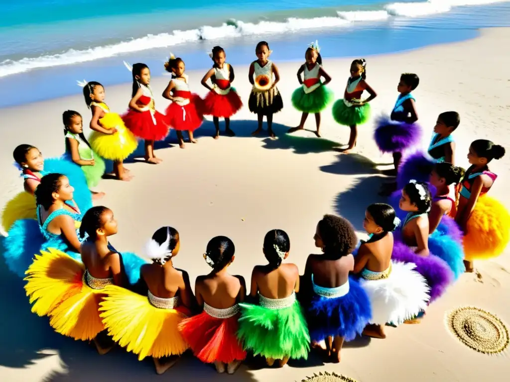 Grupo de niños escolares en trajes tradicionales oceánicos realizando danza en la playa