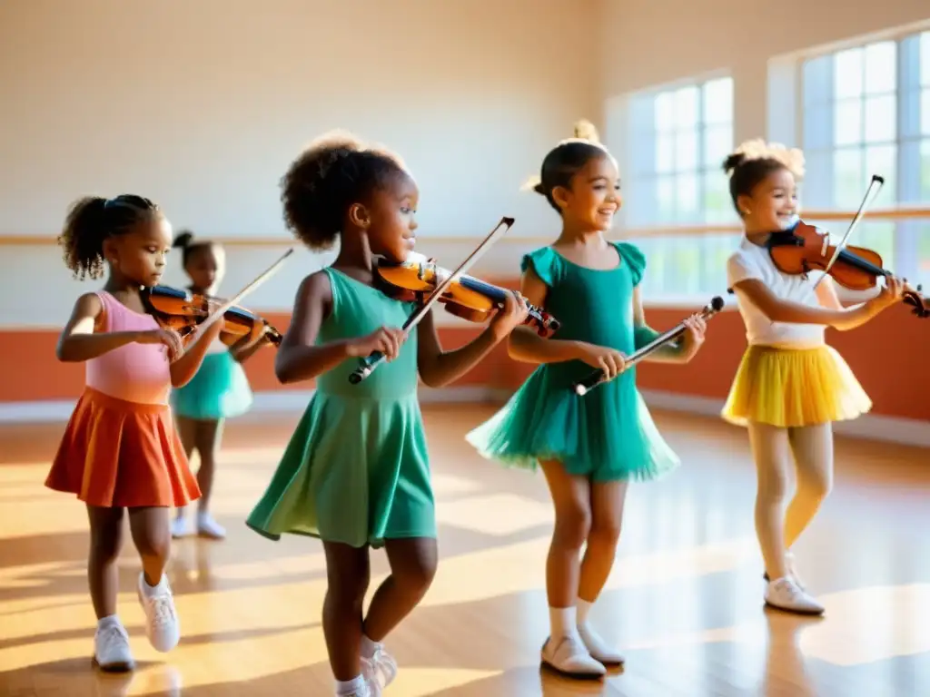 Un grupo de niños en un estudio de danza, cada uno con un instrumento musical, practicando movimientos