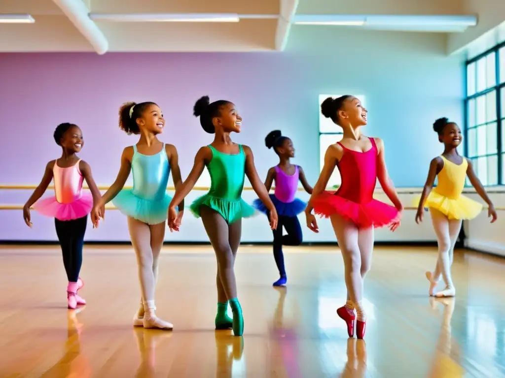 Grupo de niños en leotardos coloridos y zapatillas de ballet, disfrutando de la danza en un estudio luminoso