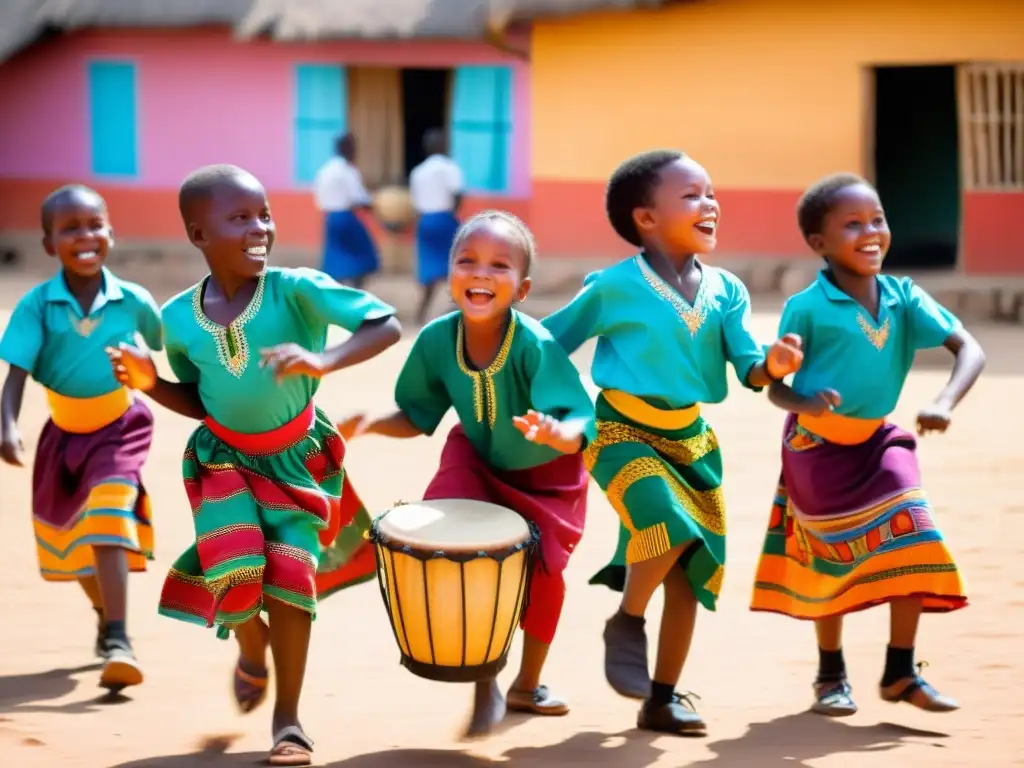 Grupo de niños danzando al ritmo de la música africana en una colorida aldea, irradiando la alegría de la cultura y la tradición