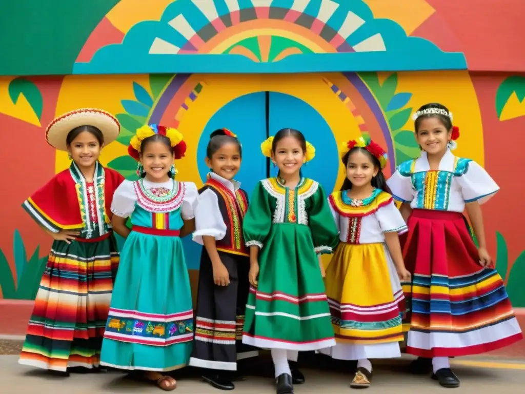 Grupo de niños con trajes de danza tradicionales para niños, frente a mural colorido, irradiando alegría y diversidad cultural en México