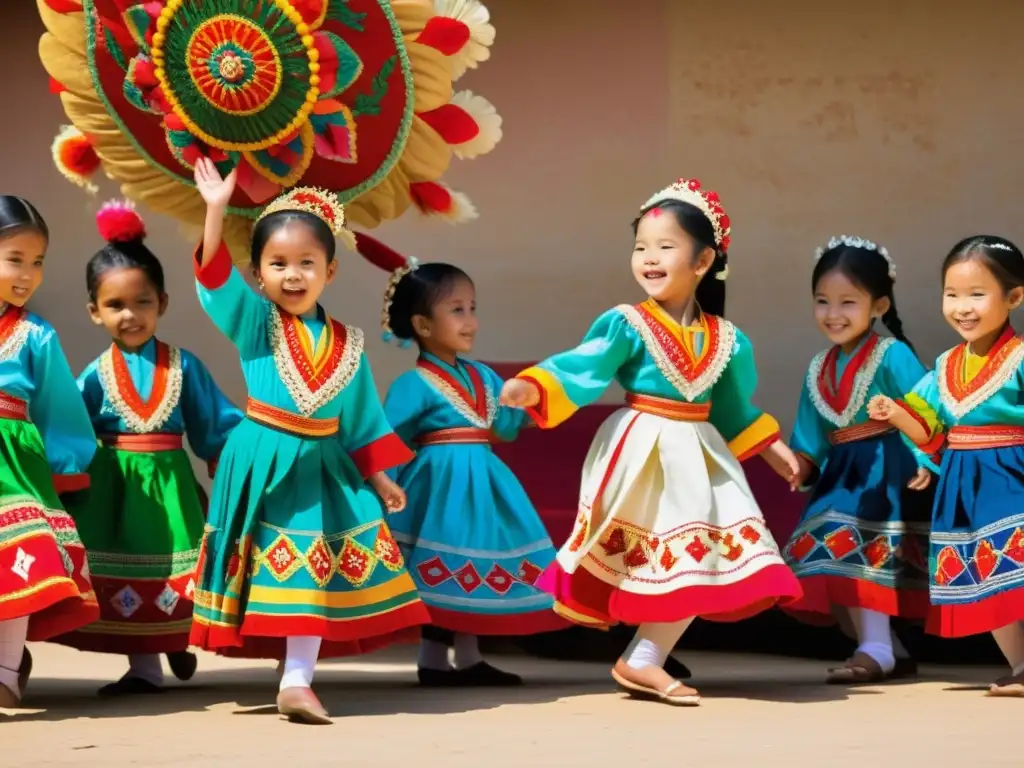 Un grupo de niños viste trajes de danza tradicionales, bailando al aire libre con expresiones alegres y movimientos gráciles