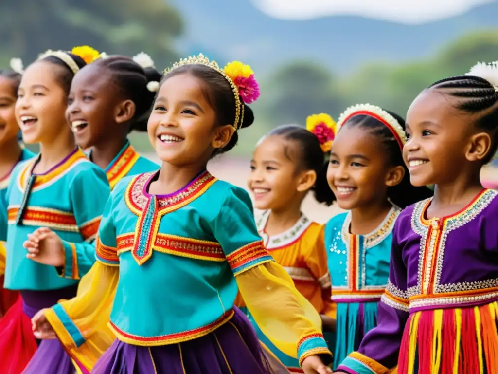 Grupo de niños con trajes de danza tradicionales, radiantes de alegría mientras practican danzas ancestrales