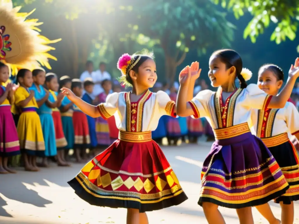 Grupo de niños con trajes de danza tradicionales, bailando en un festival cultural bajo la cálida luz del sol