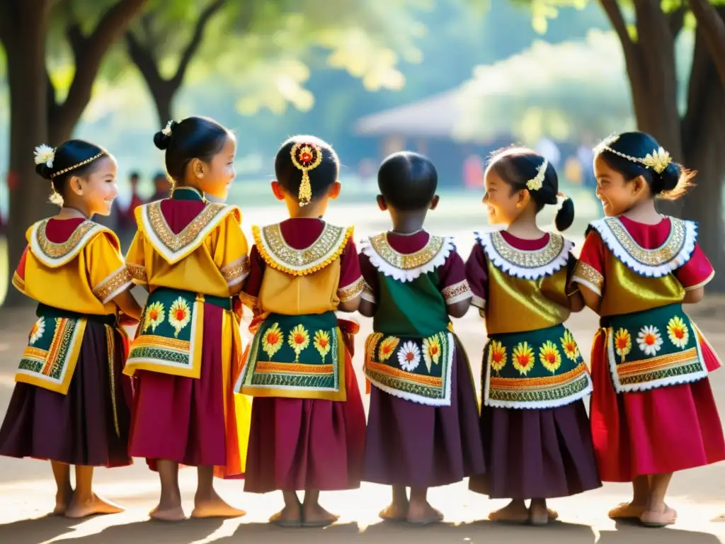 Grupo de niños con trajes de danza tradicionales para niños, representando diversas culturas, sonrientes en la luz dorada del sol entre los árboles