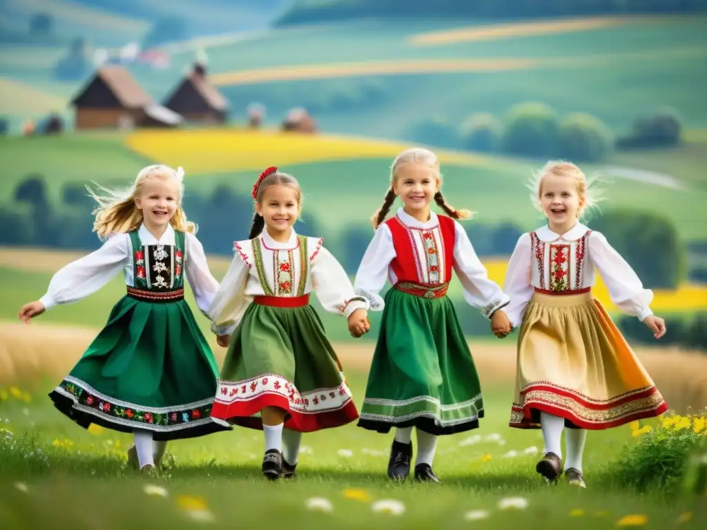 Grupo de niños en trajes folclóricos polacos, bailando Mazurka en un prado verde, capturando la esencia de las danzas tradicionales polacas educativas