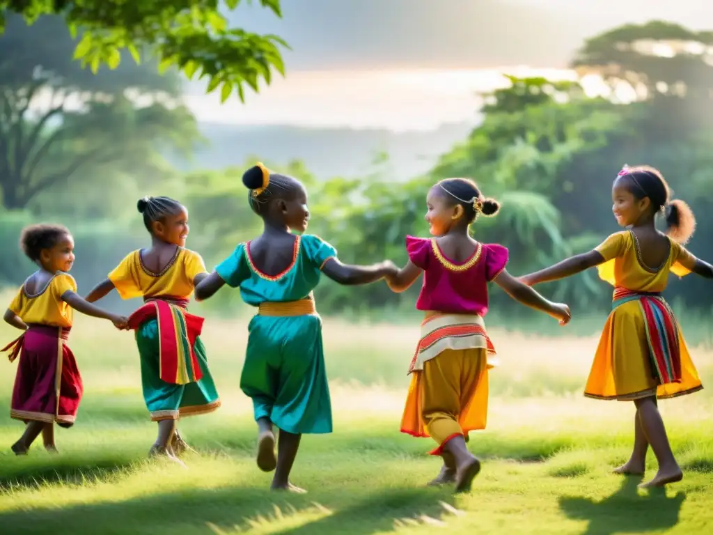 Grupo de niños danzando con trajes tradicionales en un claro soleado, rodeados de vegetación exuberante