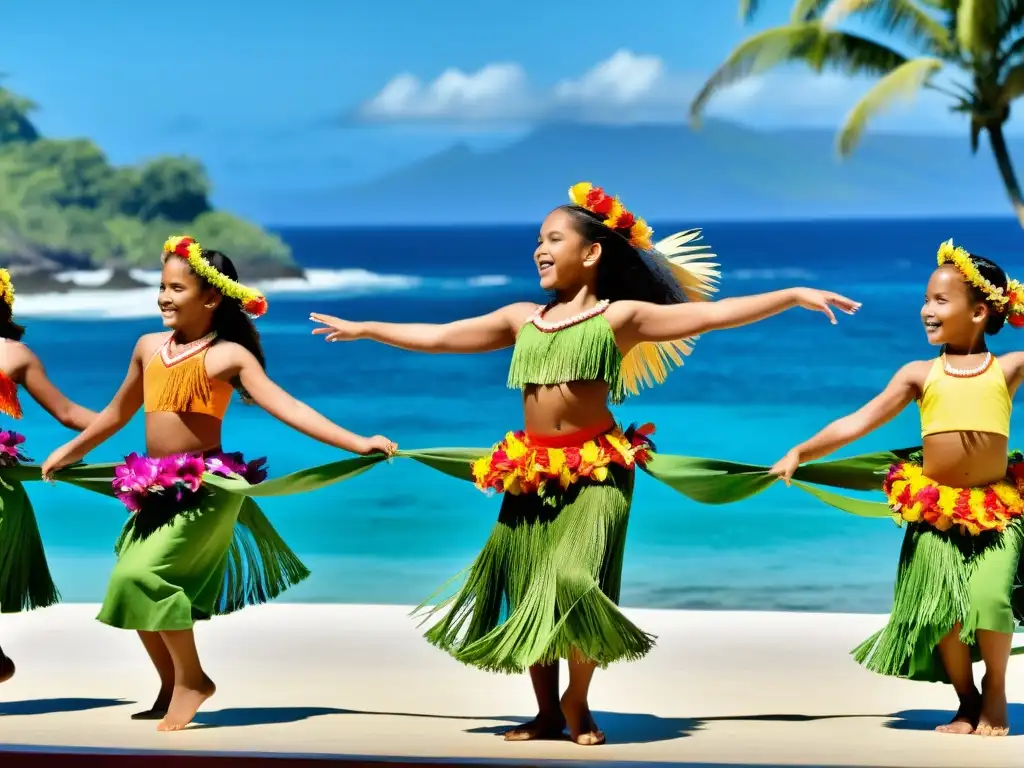 Grupo de niños en trajes tradicionales oceánicos realizando una danza dinámica en escenario festivo