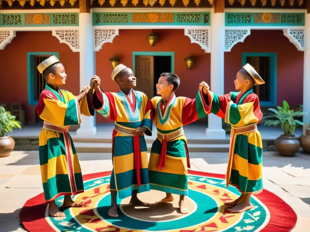 Grupo de niños en trajes tradicionales realizando la Ceremonia de iniciación Manjani Gambia en un patio vibrante decorado con ornamentos y tapices coloridos, bajo la cálida luz del atardecer