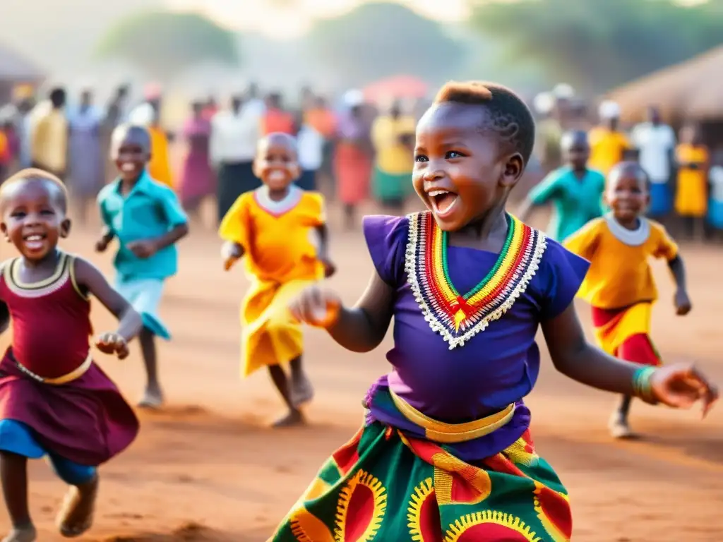 Un grupo de niños vestidos con coloridos trajes tradicionales africanos baila animadamente mientras la comunidad los celebra