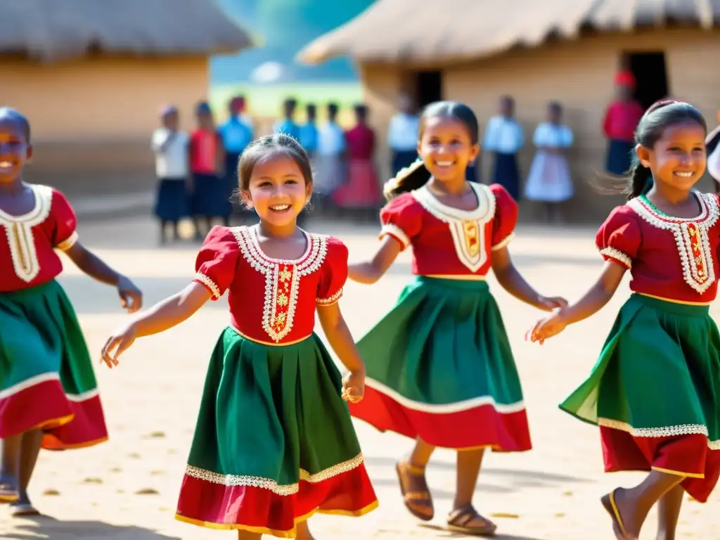 Un grupo de niños vestidos con ropa tradicional vibrante baila con alegría en una plaza soleada